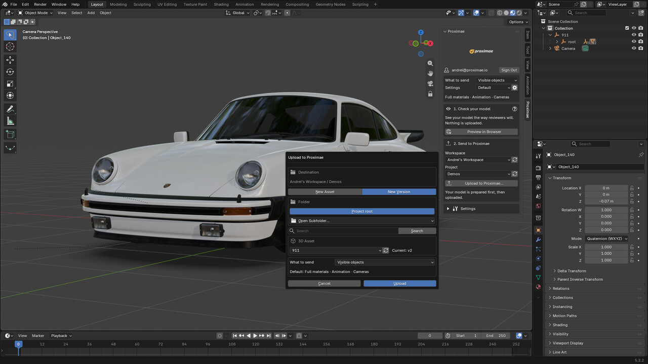 The Proximae add-on in Blender, uploading a car model as a new version