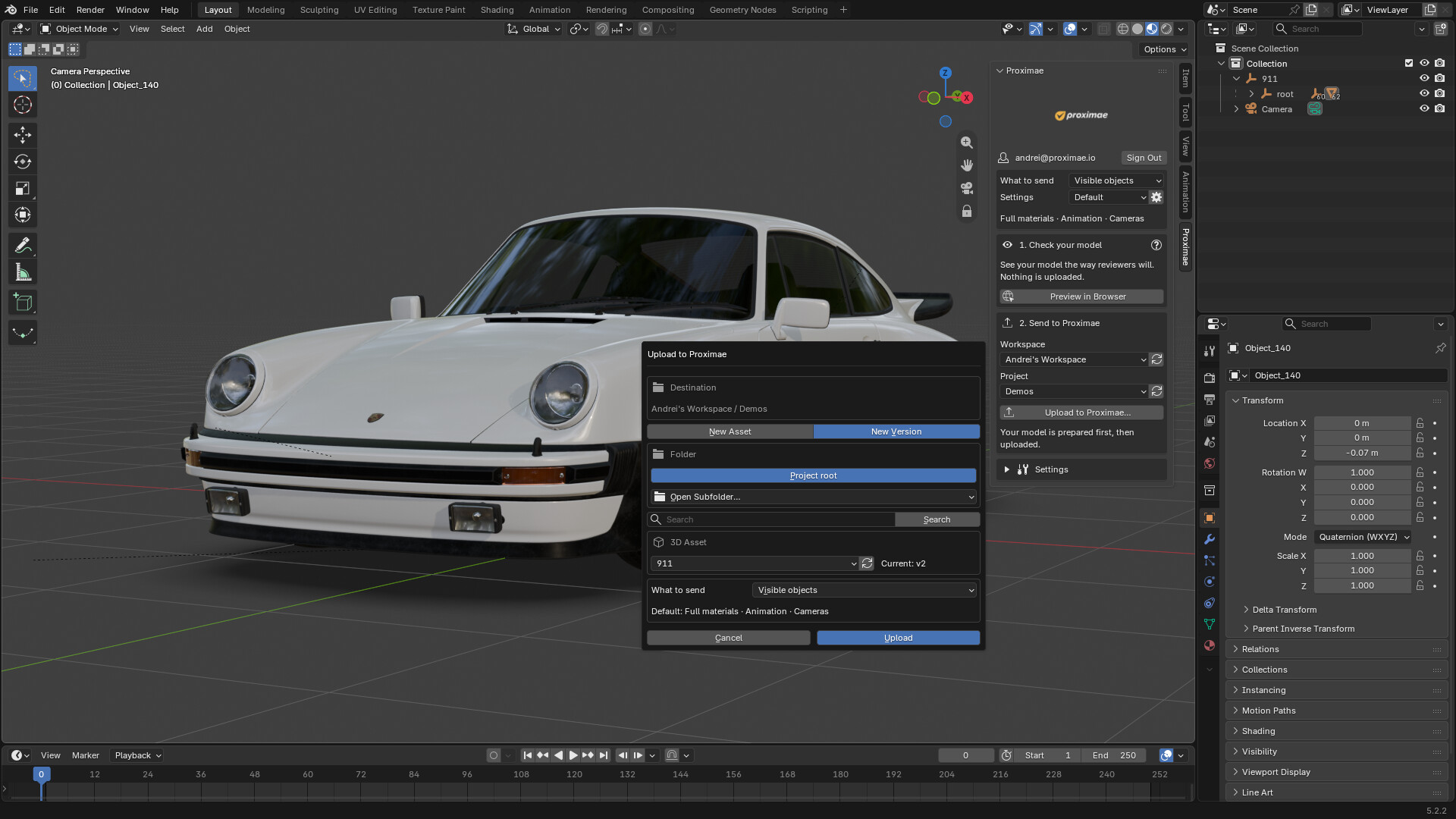 The Proximae add-on in Blender, uploading a car model as a new version