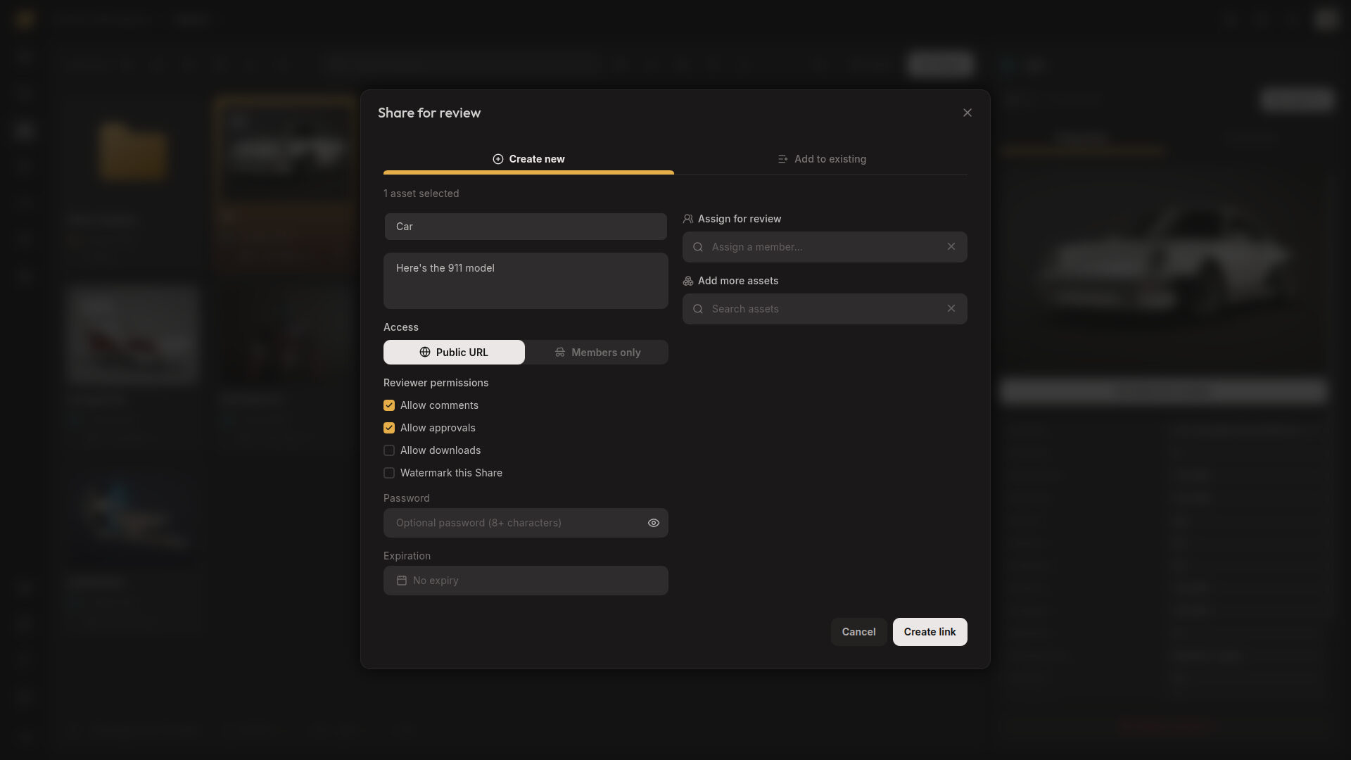 The Share for review dialog with reviewer permissions